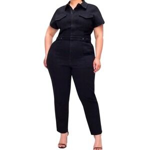 Good American Fit For Success Short Sleeve Denim Jumpsuit Black 2XL NEW